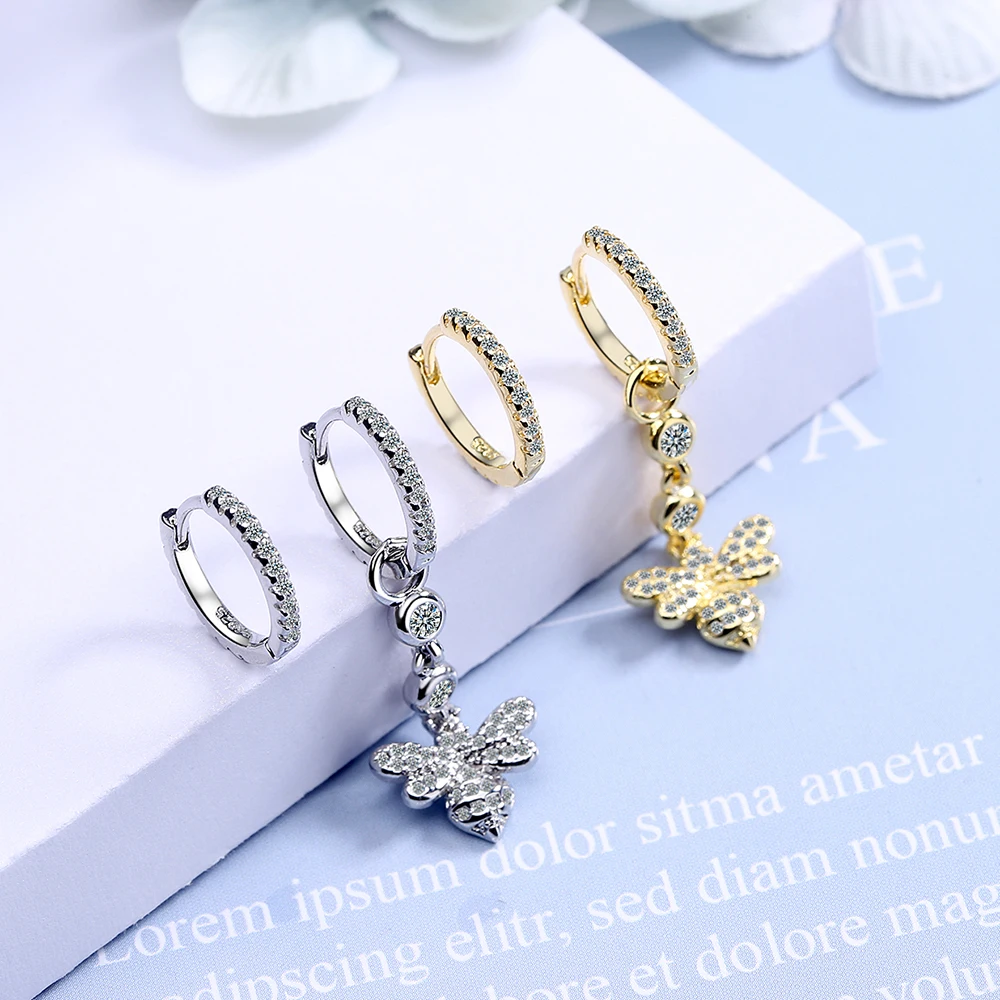 

YH-ZL 925 Sterling Silver Hot Fashion Asymmetric Zircon Bee Hoop Earrings for Women 2021 Best Christmas Gifts Jewelry