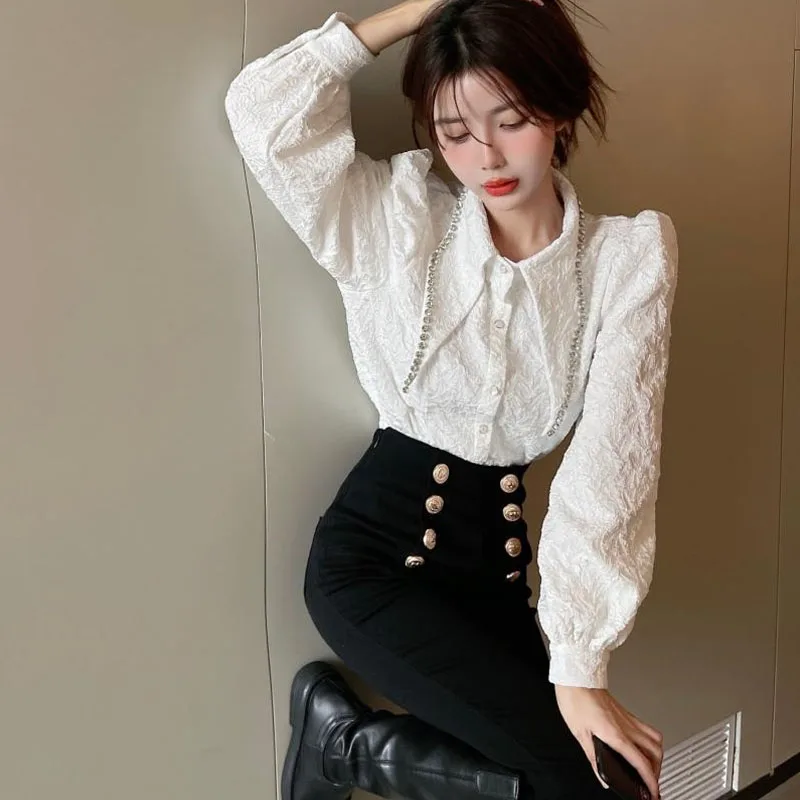 

Women Diamond Shirt Lapel Solid Color Long Sleeve Fashion Temperament Jacquard White Blouse Female 2022 Spring New