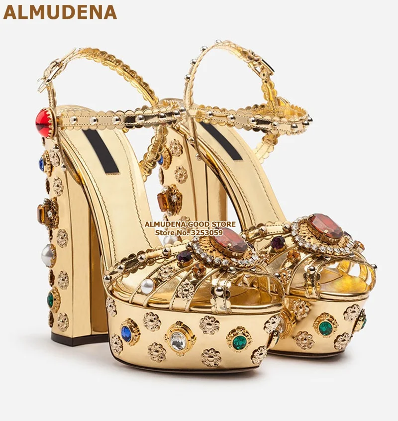 ALMUDENA/Босоножки на платформе, Украшенные бусинами, на массивном каблуке, украшенные стразами; свадебные туфли-лодочки в стиле ретро, синего, золотого цвета, украшенные стразами