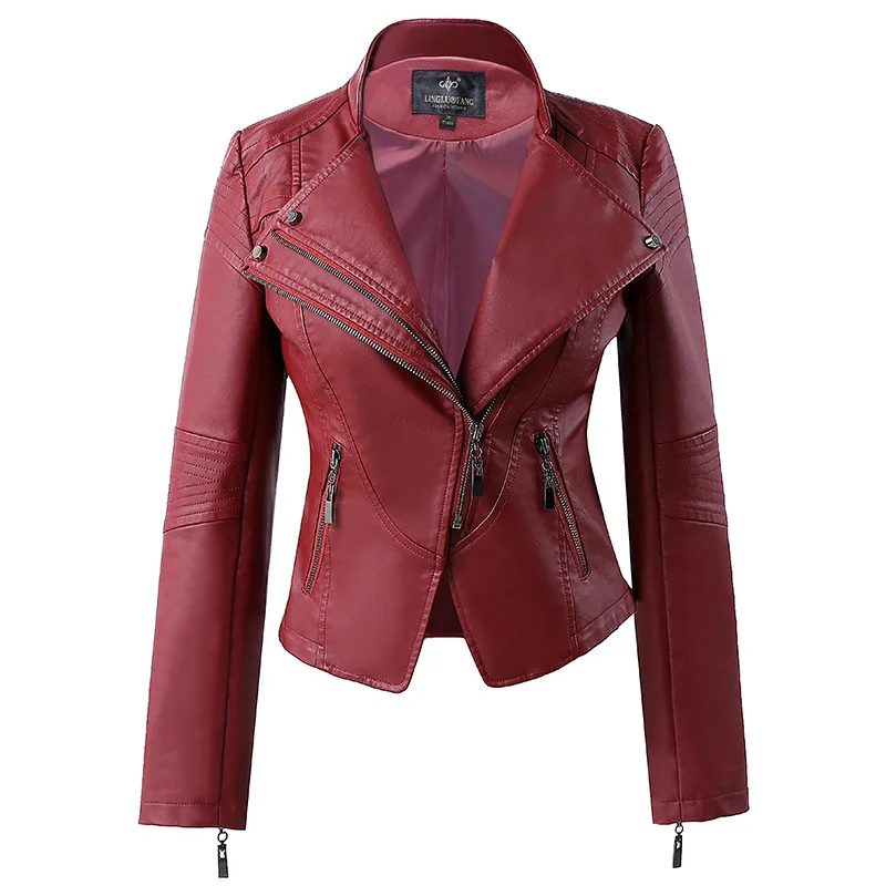 

New Autumn Women Faux Leather Jacket Pu Motorcycle Biker Red Coat Turndown Collar Loose Streetwear Black Punk Outerwear BY218