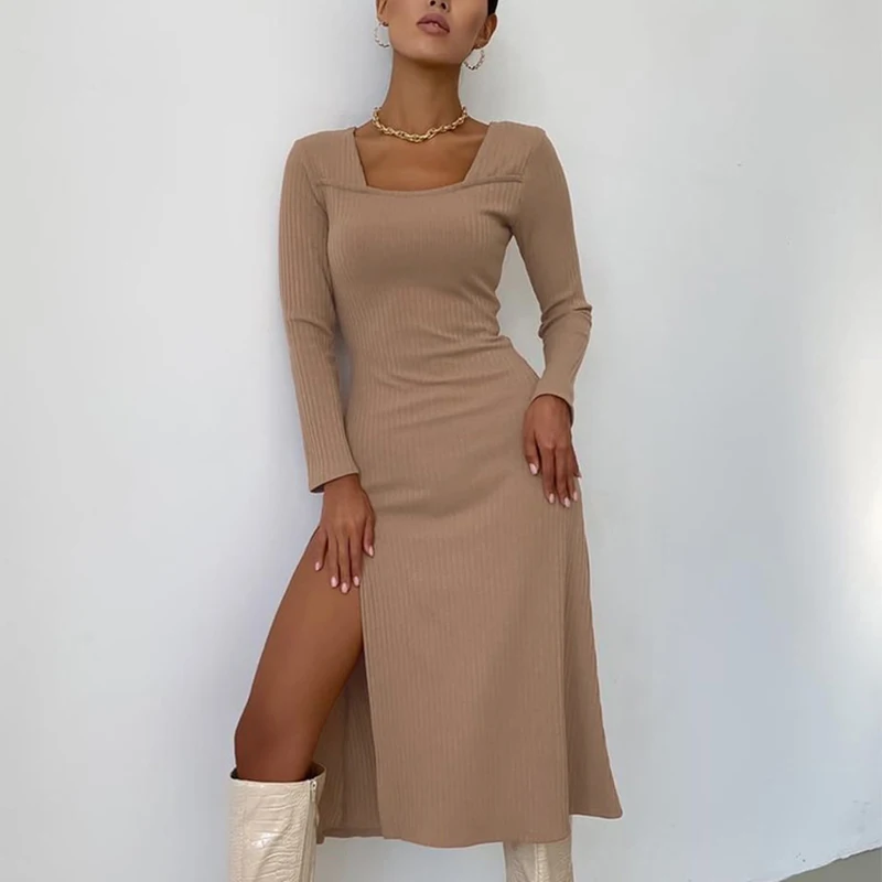

Women Knitted Dress Sexy Square Collar Side Split High Waist Dresses Female autumn Winter Fashion Elastic Casual Midi Dress