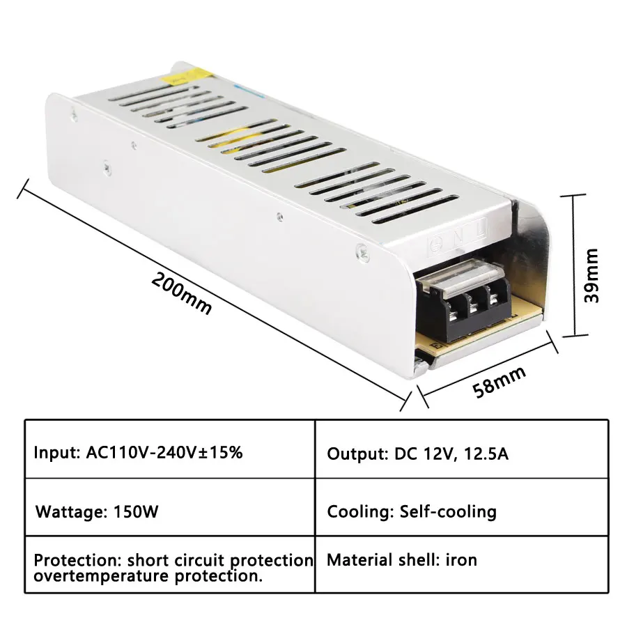 12V 12.5A SMPS 24 12 В светодиодный импульсный источник питания AC-DC 24 В AC DC 220 В до 12 В 3A 5A 10A 15A 30A длинный источник Питания SMPS светодиодный драйвер - Цвет: 12V 12.5A