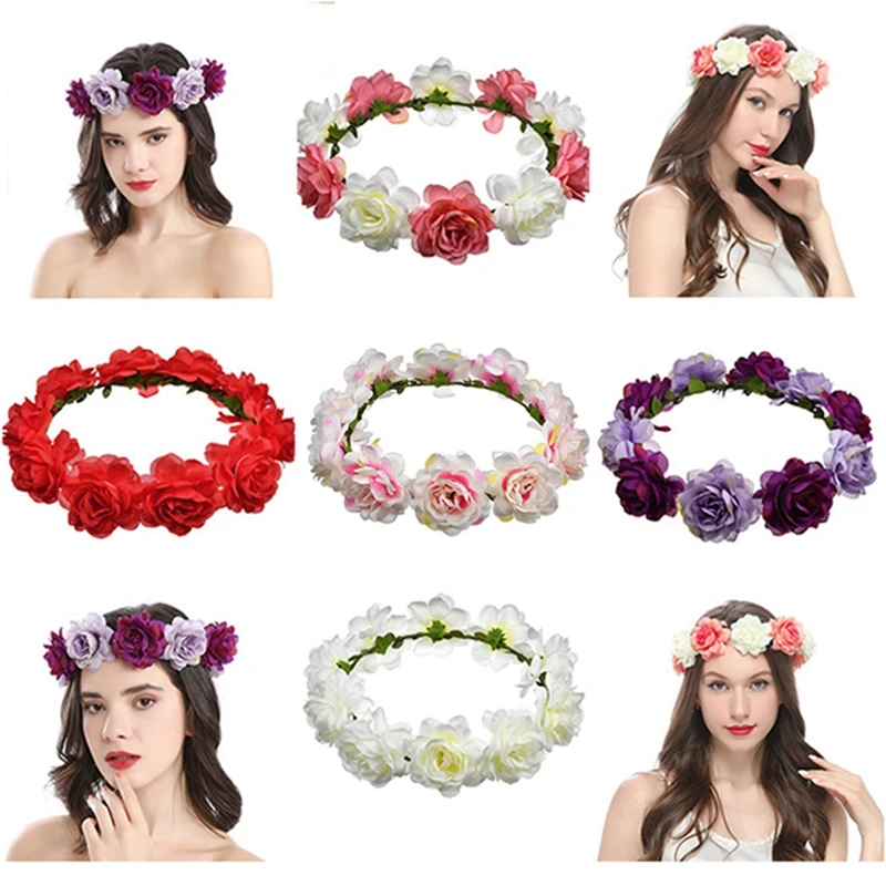 Венки цветов в стиле бохо на весну 2021 года: романтические венки на свадьбу с искусственными розами и гирлянды из цветов для пляжа в Гаваях.