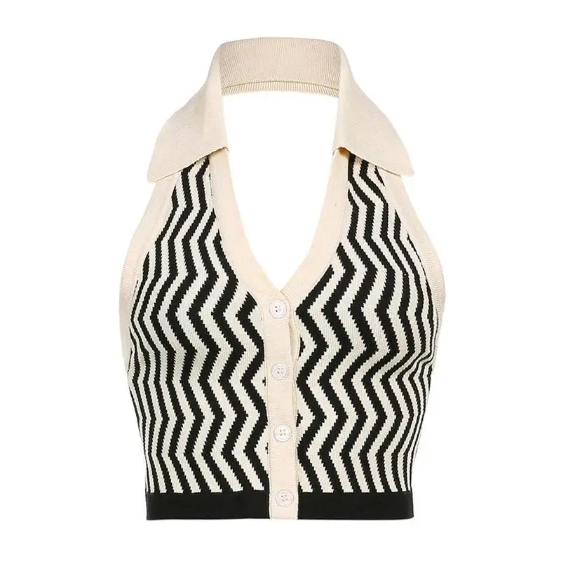 

2021 New Wave Stripe Deep V Halter Neck Ladies Halter Vest Slim B0B3