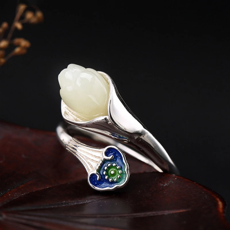 

Silver Inlaid Natural Hetian White Magnolia Flower Opening Adjustable Ring Chinese Retro Enamel Porcelain Ladies Jewelry