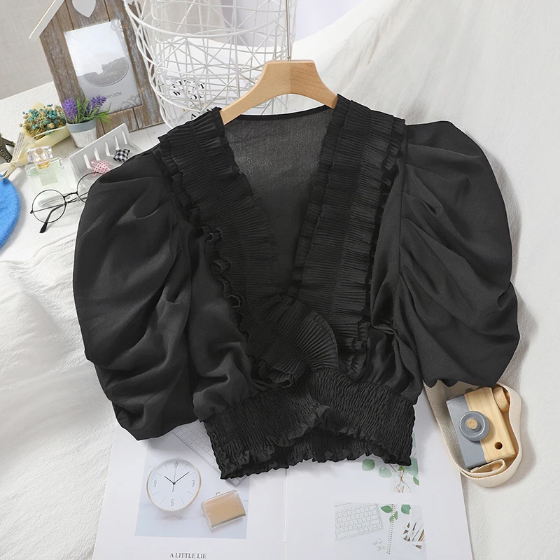 Блузка женская плиссированная с пышными короткими рукавами милая приталенная