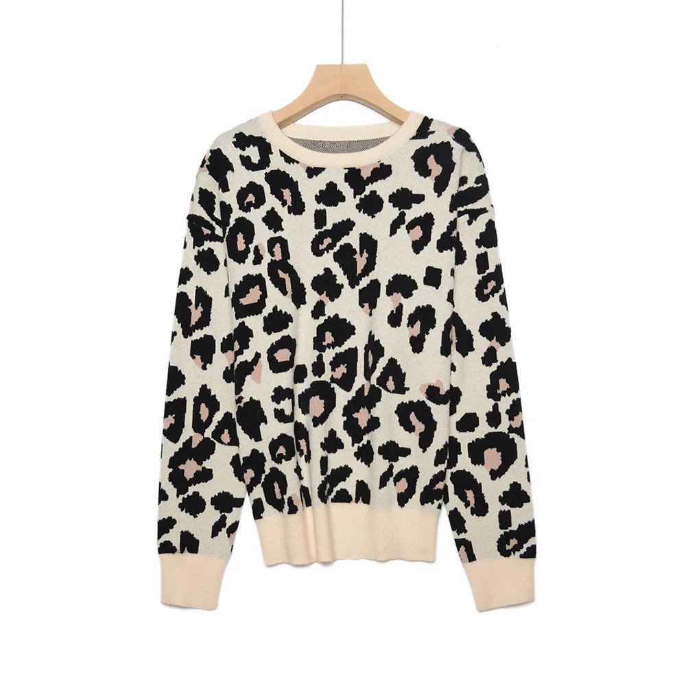 

HLBCBG Autumn winter women sweaters leopard knitted pullovers long sleeve Contrast Color crewneck jumpers sweter mujer