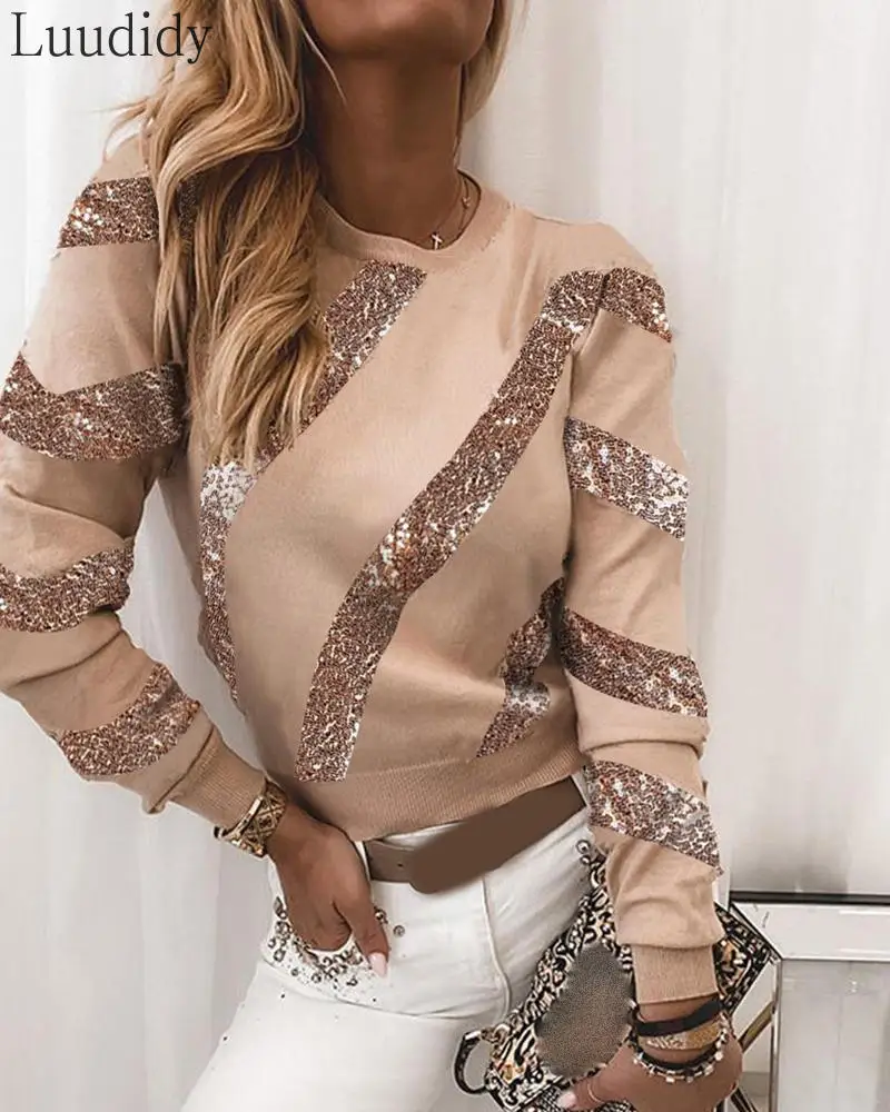 

Women Sequined Long Sleeve Striped Sweater Sweatshirts