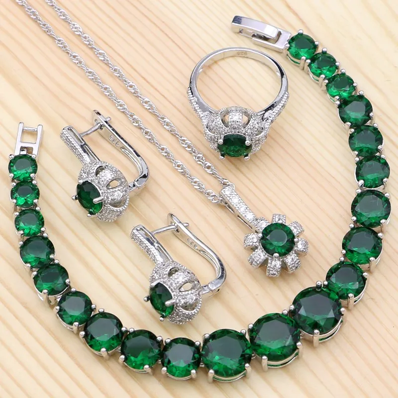 

925 Silver Jewelry Sets Natural Green Cubic Zirconia White Crystal For Women Pendant Bracelet Ring Necklace Stud Earring Set