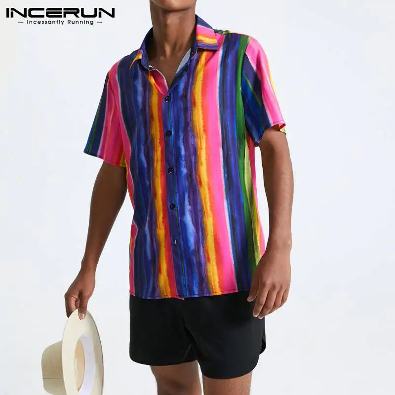 

2021 Men Casual Sets Streetwear Colorful Striped Short Sleeve Shirt Solid Shorts Summer Men Hawaiian Suits INCERUN 2 Pieces 5XL