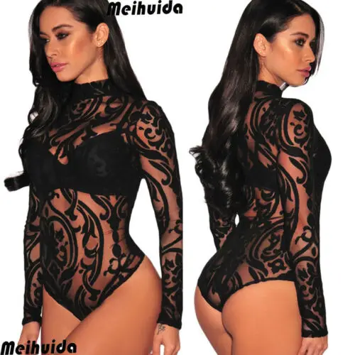 Женское летнее Прозрачное Кружевное боди прозрачное Сетчатое трико с длинным