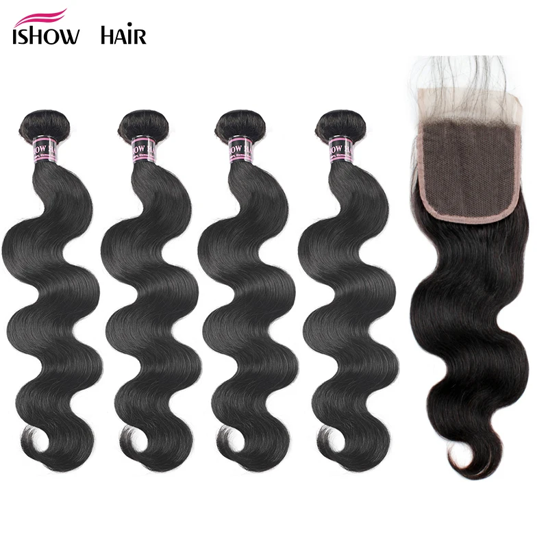 Ishow 4 пучка с закрытием волосами младенца бразильские объемные волнистые