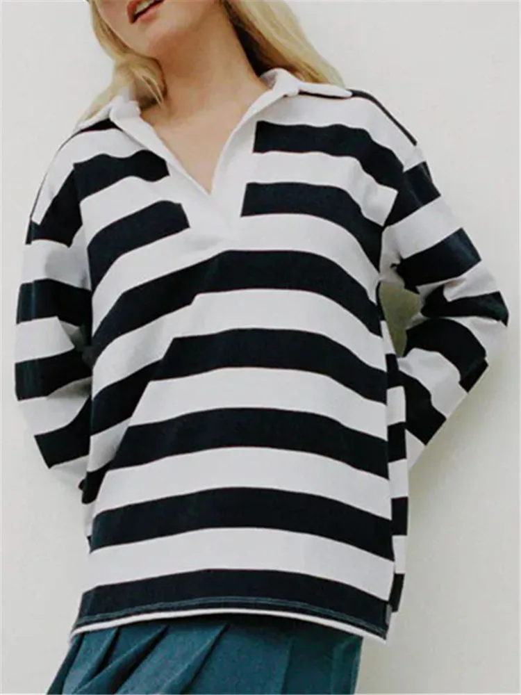 

Новинка весна-лето 2021 в европейском американском стиле для отдыха ретро полосатый пуловер с длинным рукавом и воротником-поло футболка жен...