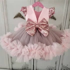 Розовые платья для маленьких девочек Пышные Платья До Колена Для маленьких девочек на день рождения платья-пачки для девочек с блестками и бантами