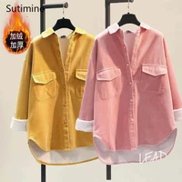 2021 autumn and winter new thick solid color corduroy shirt jacket lapel loose casual shirt cardigan classic double pocket shirt