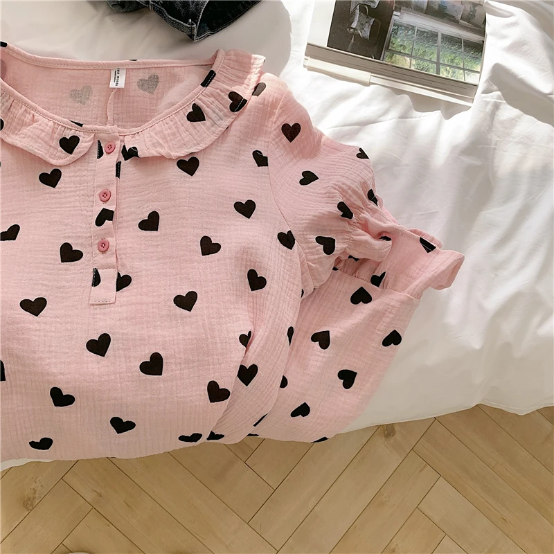 

CBAFU women nightgowns summer love heart print peter pan collar sweet loose dress homewear 100% cotton gauze nightdress N007