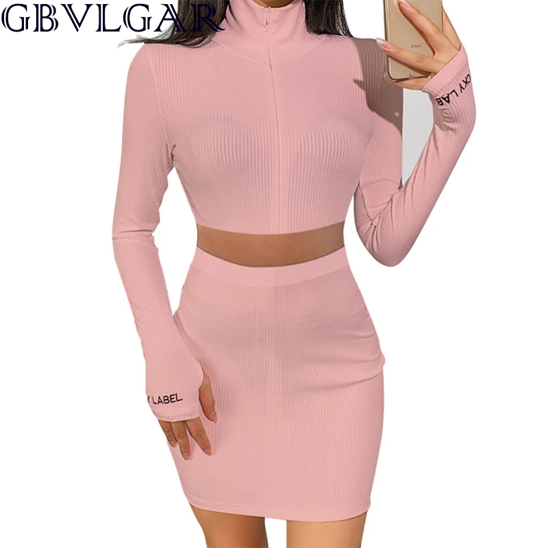 

Summer Women Long Sleeve Crop Top and Skirt Set Outfits Solid Lucky Label Ribbed Two Piece Set Ladies Mini Dress Matching Sets