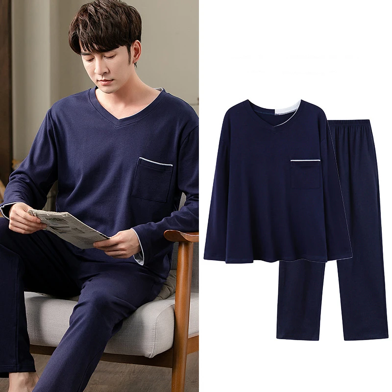 

Men's Cotton Pajamas Set Sleep Tops+Bottoms 2 Pieces Suit V Neck Long Sleeve Casual Lounge Wear 2021 New Autumn Homewear Pjs Set