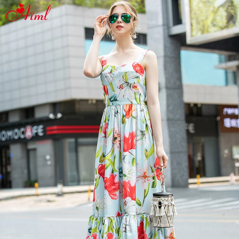 

Designer 2020 Female Summer Suspenders Backless Green Floral Print Sleeveless Boho Holiday Dress Leisure Dresses Lady Robe New