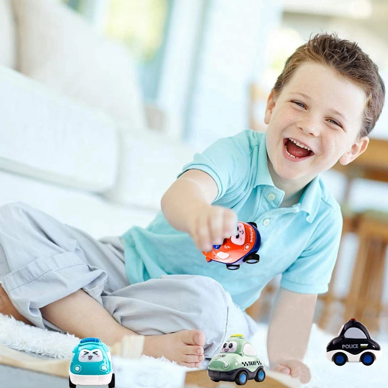 

4 Cartoon Toy Cars Trucks with Police Car Airplane Taxi Ambulance Pull Back Cars for 1 2 3 4 Years Old Boys and Girls