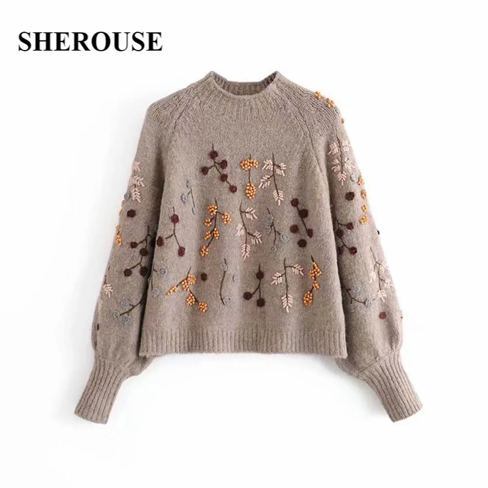 

Женский вязаный свитер с длинным рукавом Sherouse, повседневный вязаный свитер большого размера с бусинами, топы