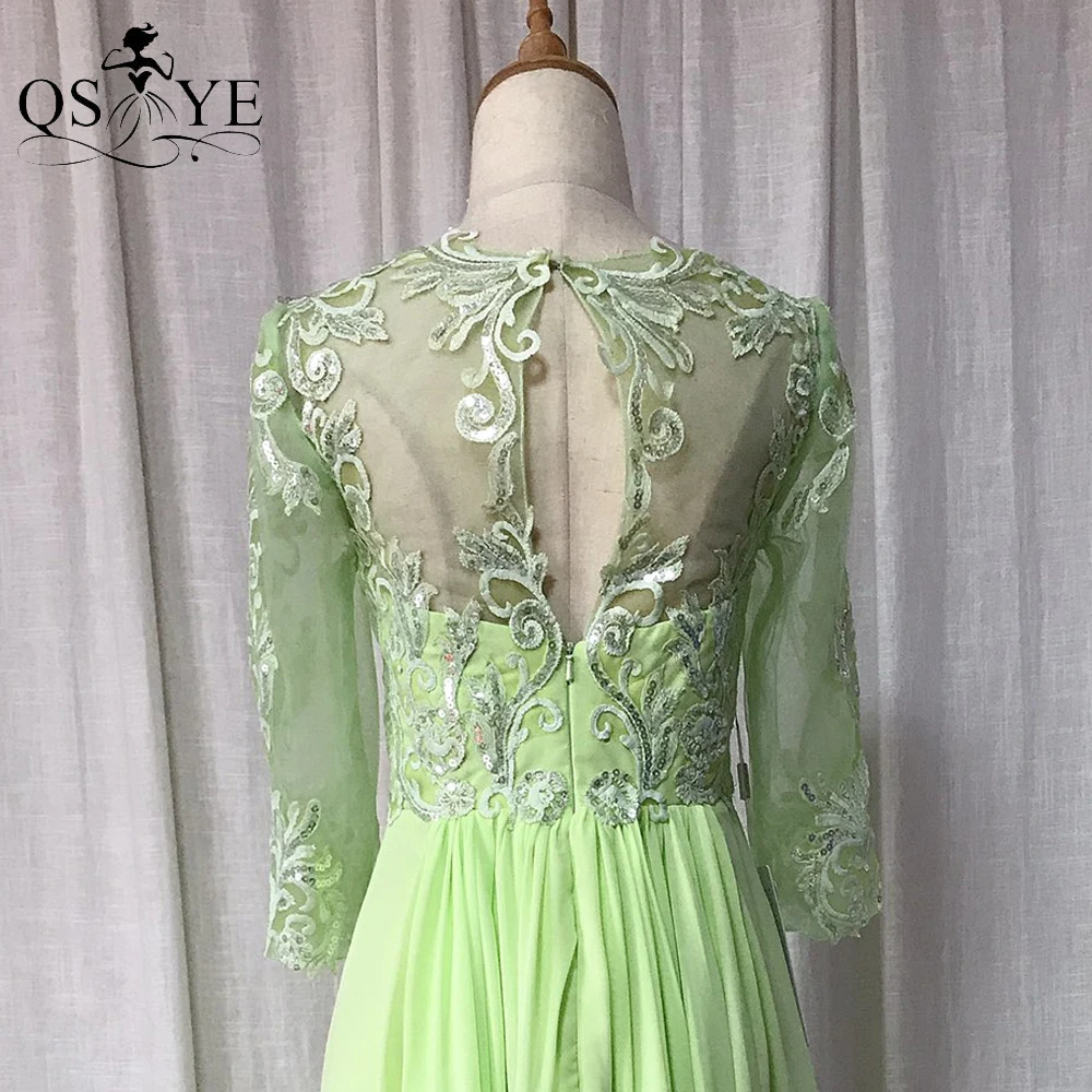

Fluorescent Green Short Lace Prom Dress Long Sleeves Lace Evening Gown V Neck Chiffon Applique Party Gown Homecoming Dress