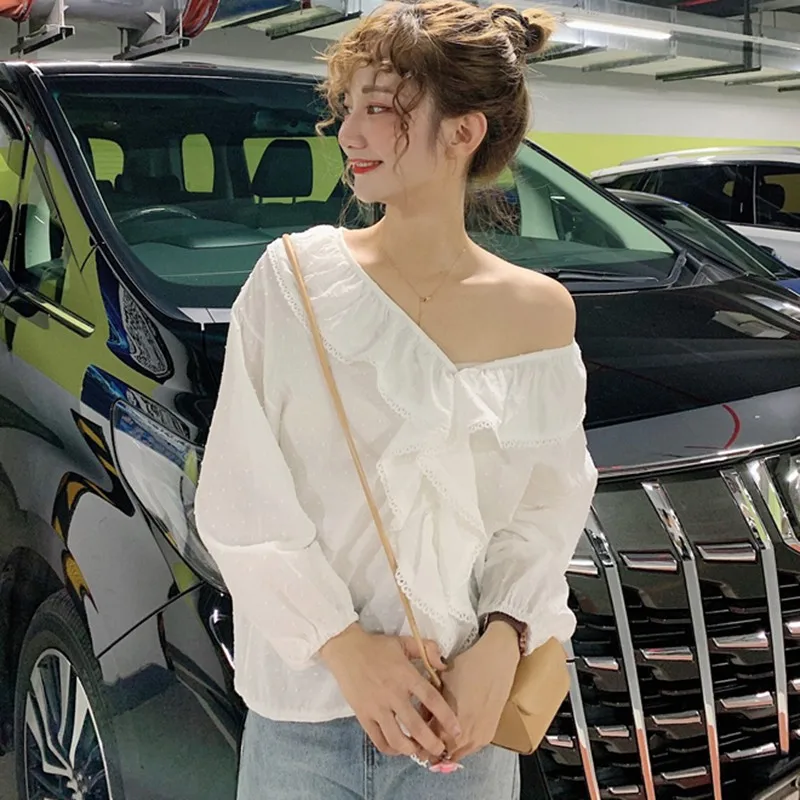 

Hot Sale Wholesale Women Elegance Chiffon Shirt Korean Style V-neck Tops and Blouses Ruffle Lace Long Sleeve Sweet Blouse