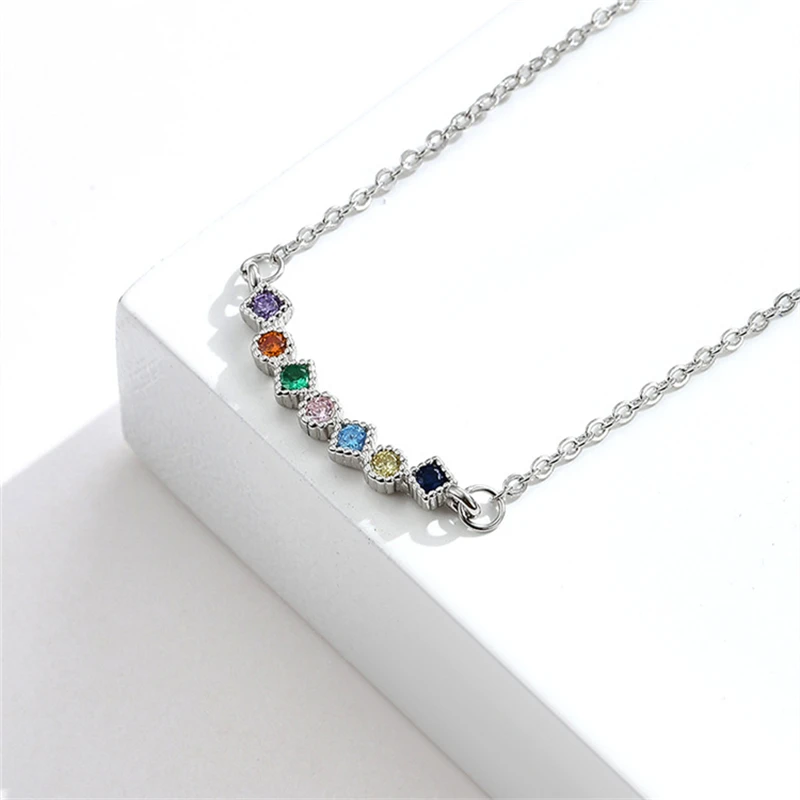 

XINSOM Real 925 Sterling Silver Necklace For Women Rainbow Color Cubic Zirconia Pendant Necklace Party Wedding Fine Jewelry Gift