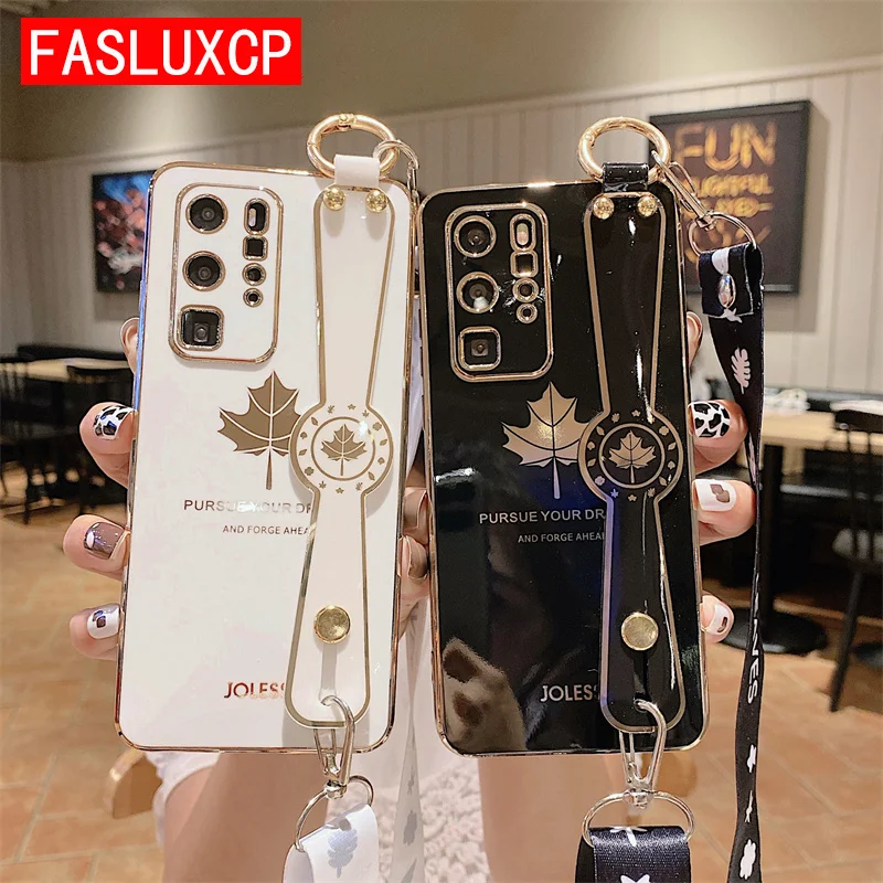 Fashion Crossbody Strap Plating Maple Hand Band Holder Case for Huawei P40 Pro P30 Lite P20 Mate 20 40 Nova 5T Honor 20 9X 30 50