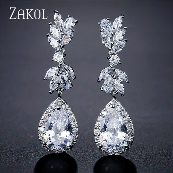 White Color 6 ZAKOL белый цвет в форме цветка Циркон капли воды Кристалл кулон Висячие серьги для женщин Свадебные украшения FSEP50L - Окраска металла: White Color 6