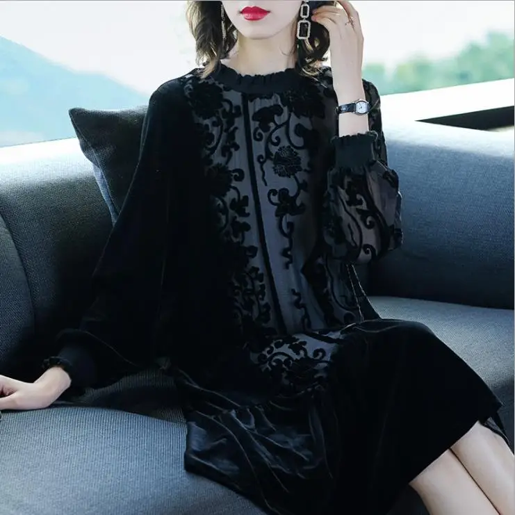 2019 осенне-зимнее золотистое бархатное платье | Женская одежда