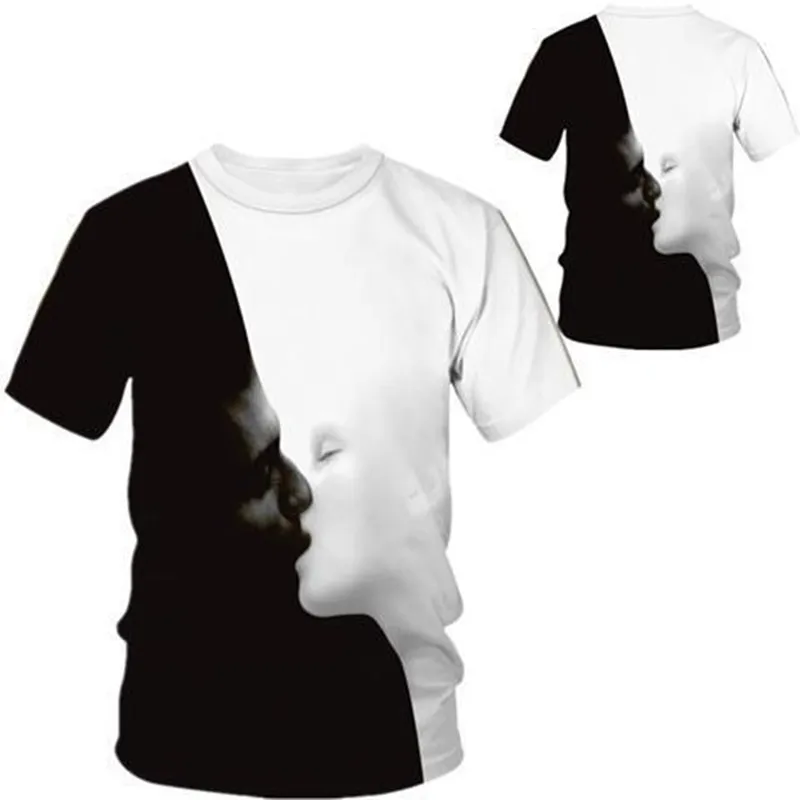 

Summer men 3D lovers kissing trend speed dry breathable loose large size ice silk personality gas short sleeve T-shirt men