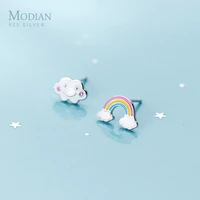 modian colorful enamel cute rainbow clouds asymmetry stud earring for women 925 sterling silver ear pin fine jewelry kids gift