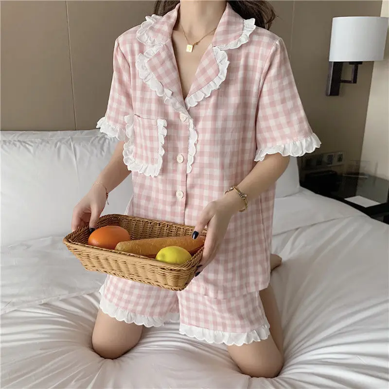 

QWEEK Plaid Pijama Summer 2021 Pajamas for Women Lace Sleepwear Pink Home Clothes Short Sleeve Nightie Cute Nightwear Loungewear