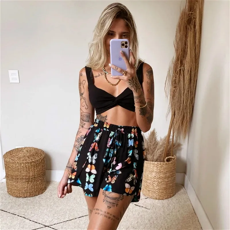 

Women Fashion 2-piece Shorts Sets Black Streetwear Casual Summer Straps Bra Tops+Butterfly Print Wide Leg Shorts Outfit for Lady