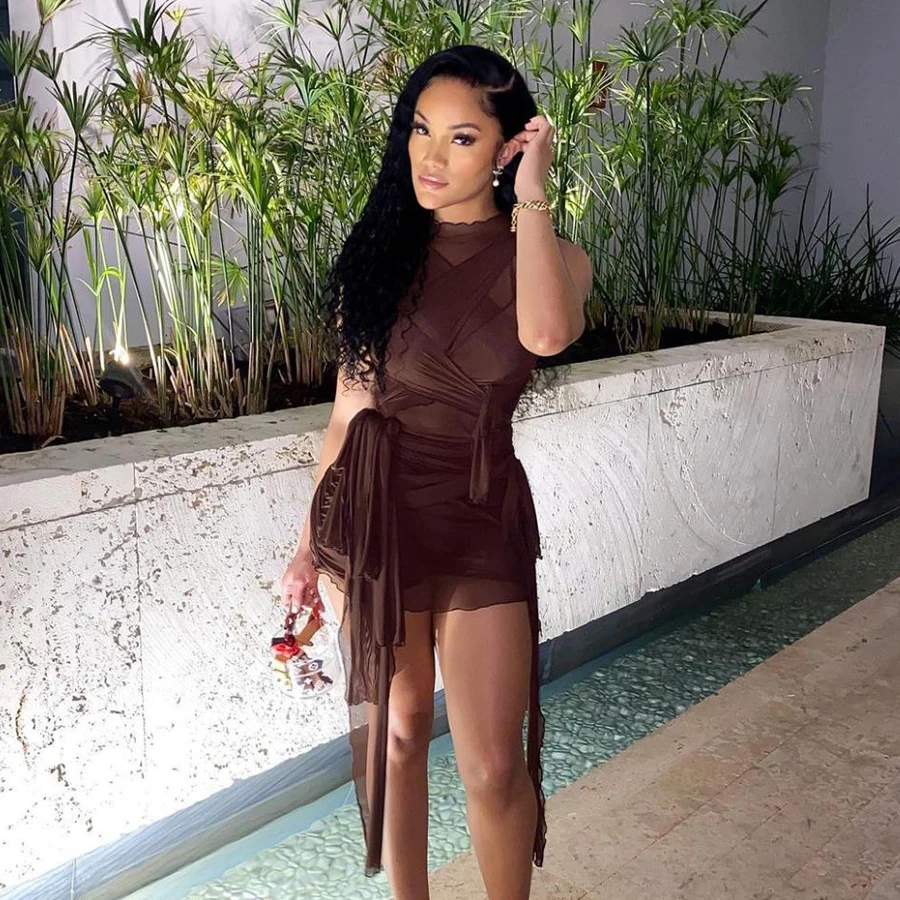 

KAISENDZ 2021 Summer New Mesh Lace-up See Through Women Dress O Neck Sleeveless Tank Dress Party Nightclub Sexy Ladies Dress