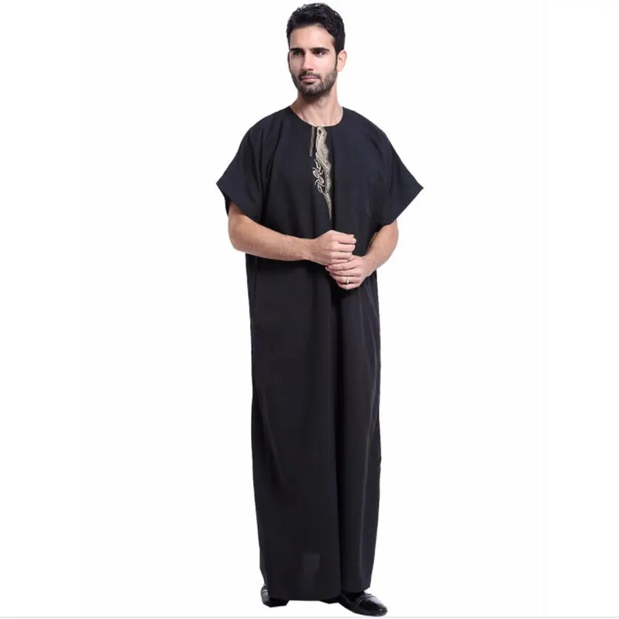 New Short Sleeve Muslim Abaya For Man Jubba Thobe Middle East Long Robes Kaftan Arab Dubai Round Neck Embroidery Islamic Clothes