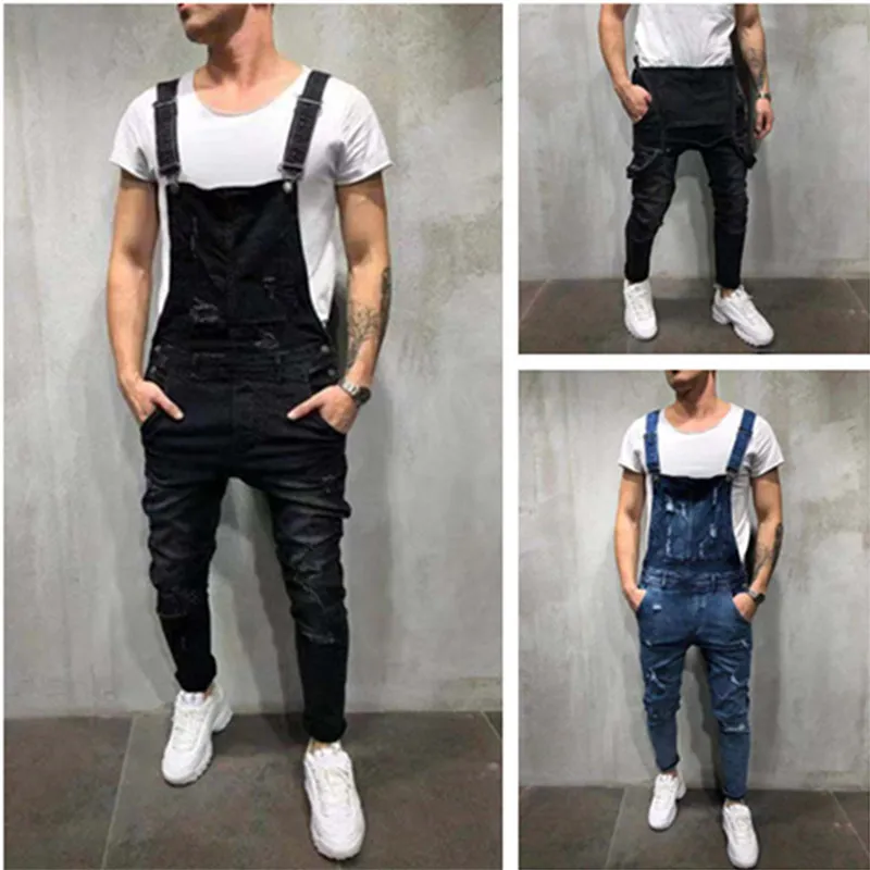 LOMEMOL Fashion Men's Ripped Jeans Jumpsuits Hight Street Denim Bib Hole Overalls for Man Suspender Pants Patchwork Jeans