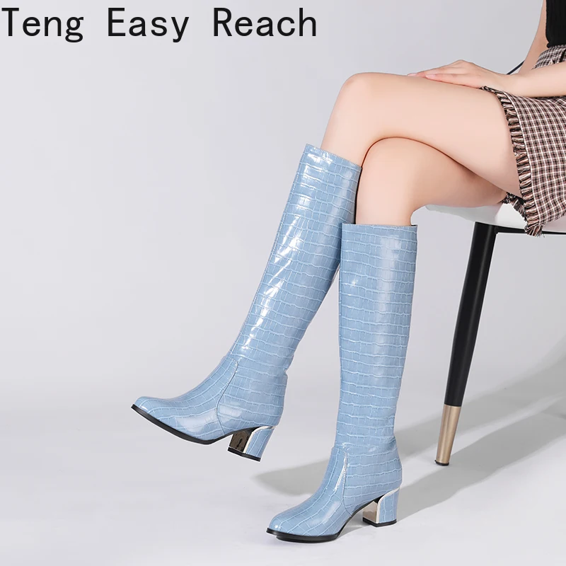 

Fashion Snake Embossed Knee-high Boots Women Pointed Toe Western Cowboy Boot High Heels Knight Woman chaussures femme Big Size 9