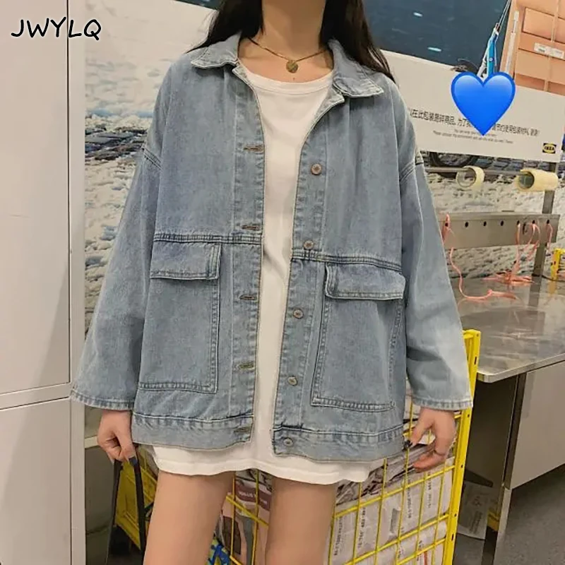 

Куртка женская джинсовая однобортная, базовая Повседневная Свободная верхняя одежда из денима в стиле Харадзюку, пальто с большими кармана...