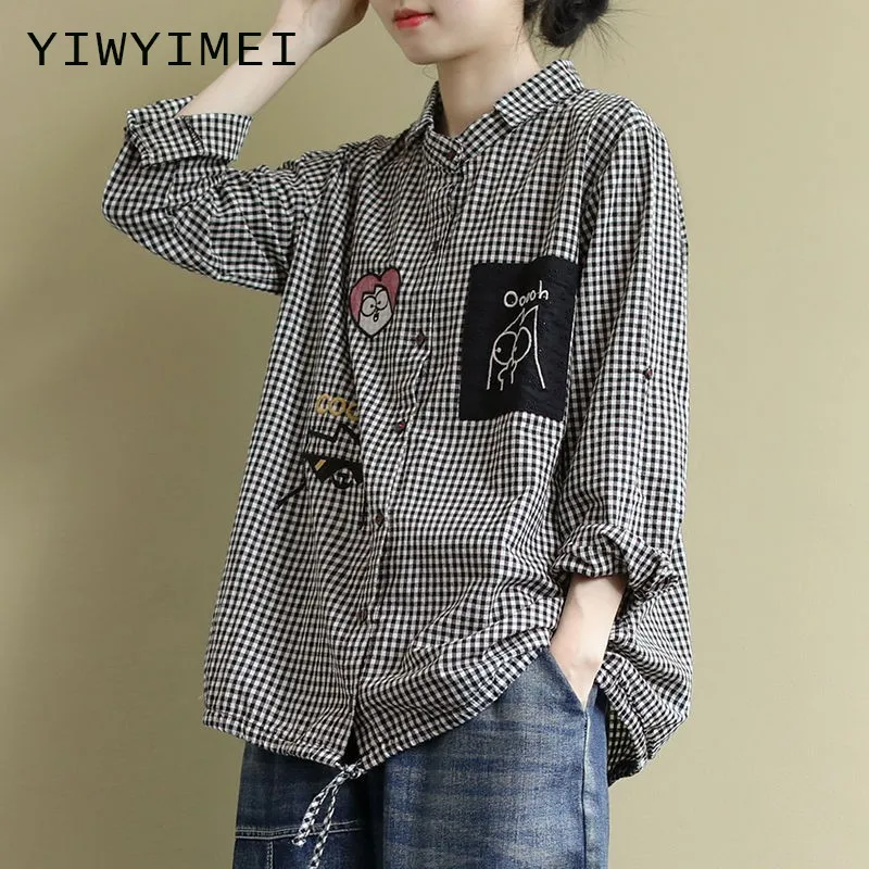 

Plus Size Women Casual Shirt New 2020 Korean Style Vintage Plaid Cartoon Embroidery Oversized Female Woman Blouses Shirts