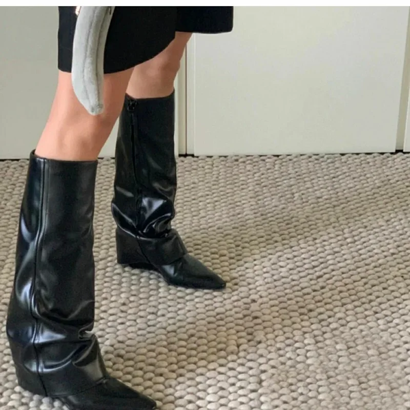 

brand designer runway boots shoes wedge high heels autumn winter knee high boots woman pointed toe leather cowboy women shoes
