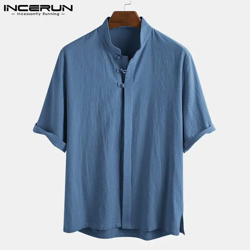 

Винтажная Мужская рубашка INCERUN, однотонная хлопковая рубашка с воротником-стойкой и коротким рукавом, мужская одежда на пуговицах, 2021, повсе...