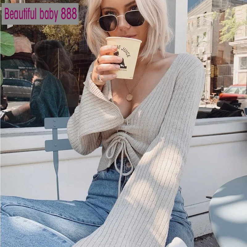 

Meqeiss 2020 New Autumn Winter Fashion V-Neck Drawstring Ruched Female Crop Tops Casual Long Sleeve Striped Blouses for Women
