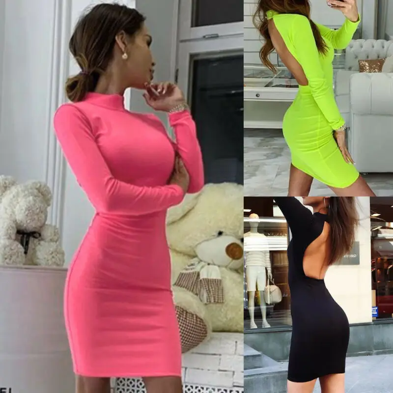 Женское облегающее мини-платье однотонное платье с длинными рукавами вечерние
