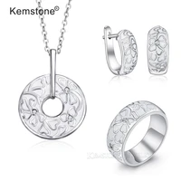 kemstone white enamel ceramic copper flower jewelry set women female flowers pendant necklace ring hoop earrings gift