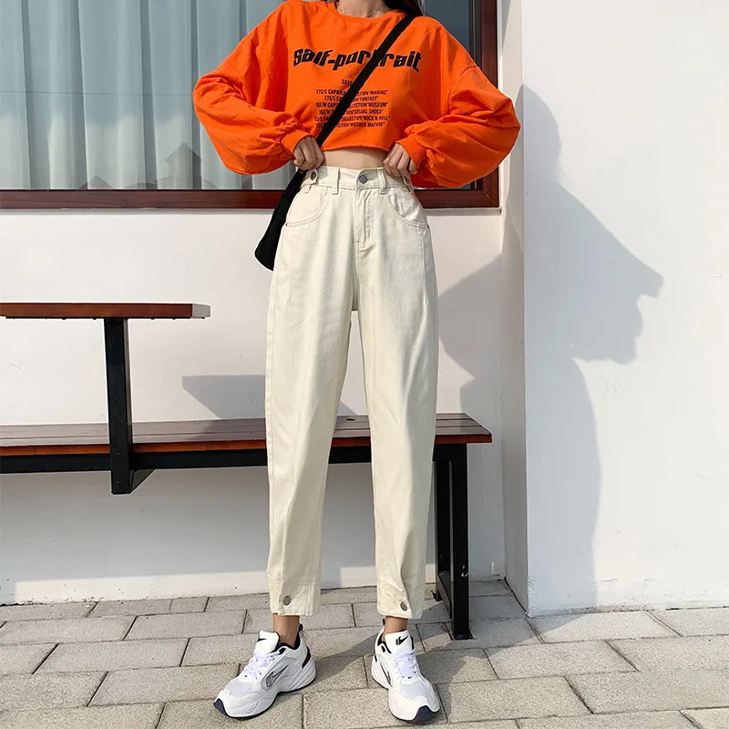 

Customized pictures\text loose women beige elastic waist thin harem pants nine-point jeans women