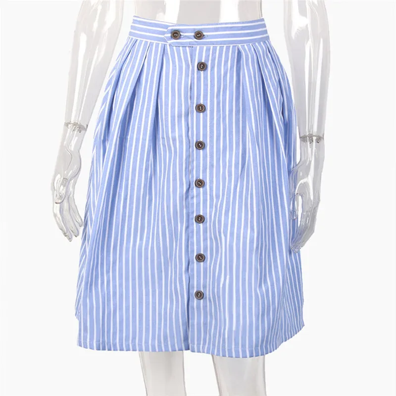 

High Waist Single-Breasted Skirt Blue Striped A-Line Womens Skirts New Arrival Summer Cute Casual Knee-Length Casual Skirts