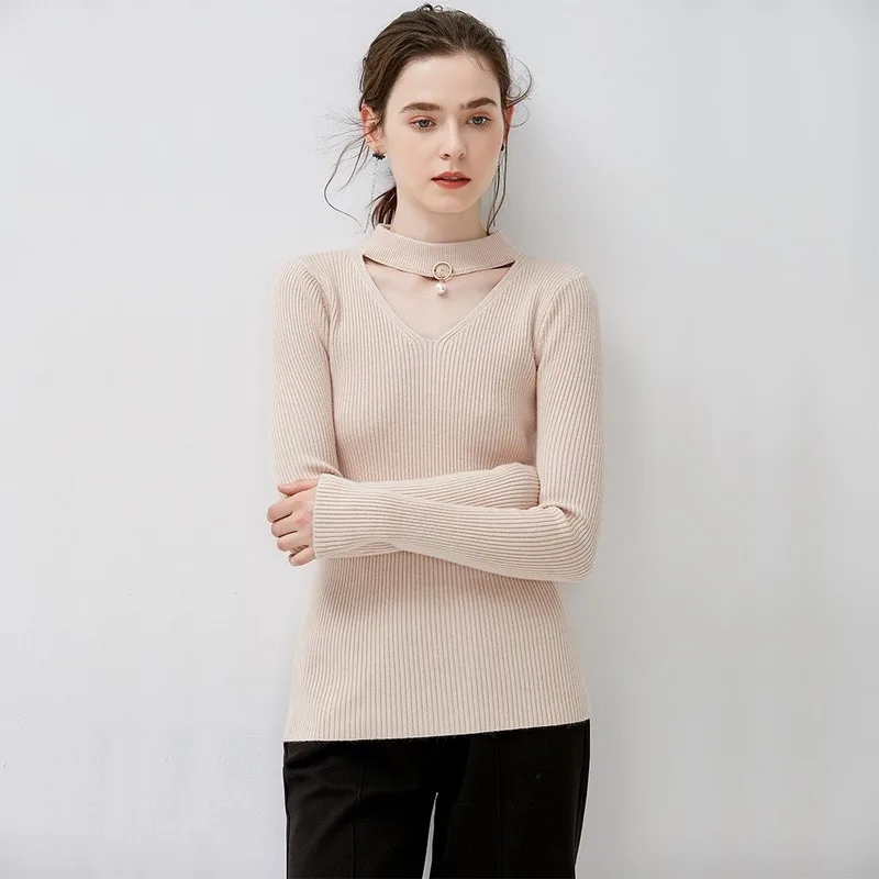 

JCHB 2021 Knitted Sweater Korean Women Sweaters Long Sleeve Autumn Winter Woman Pullover V-neck Slim Fashion Pulls Femme Pph204