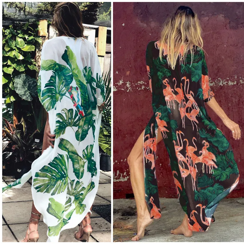 

Leaves Print Bikini Beach Cover up Tunics for Beach Long Kaftan Bikini Cover up Robe de Plage Sarong Beach Swimsuit cover-ups